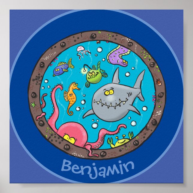 Cute funny sea creatures cartoon illustration poster (Front)