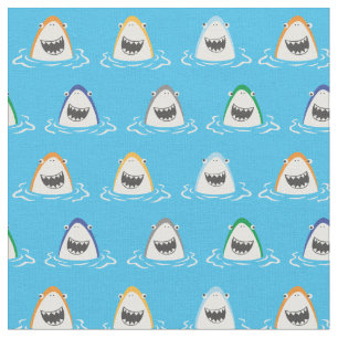Cute funny sharks on aqua blue fabric