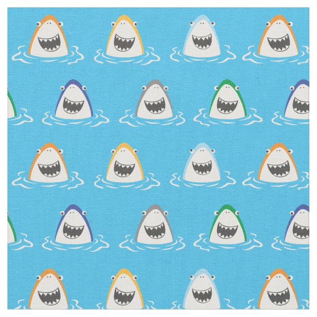 Cute funny sharks on aqua blue fabric (Close Up)