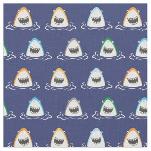Cute funny sharks on dark blue fabric