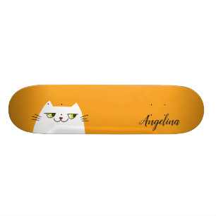Cute Funny Simple White Cat Yellow Monogram Skateboard