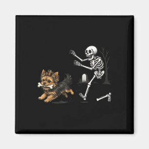 Cute funny skeleton chasing yorkie dog lovers magnet