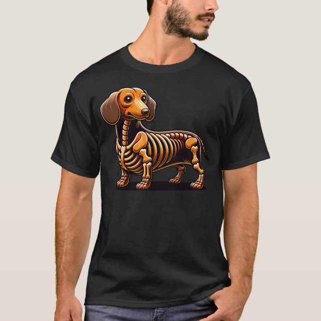 Cute Funny Skeleton Dachshund Wiener Dog Halloween T-Shirt (Front)