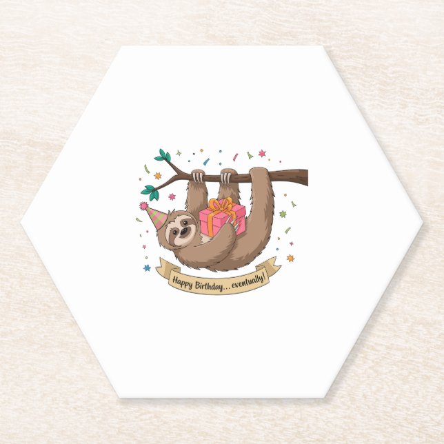 Cute Funny Sloth Happy Birthday Paper Coaster (Front)