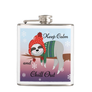 Cute Funny Sloth in Winter Hat & Scarf Cartoon Hip Flask