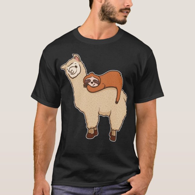Cute & Funny Sloth Sleeping on Llama Friend T-Shirt (Front)