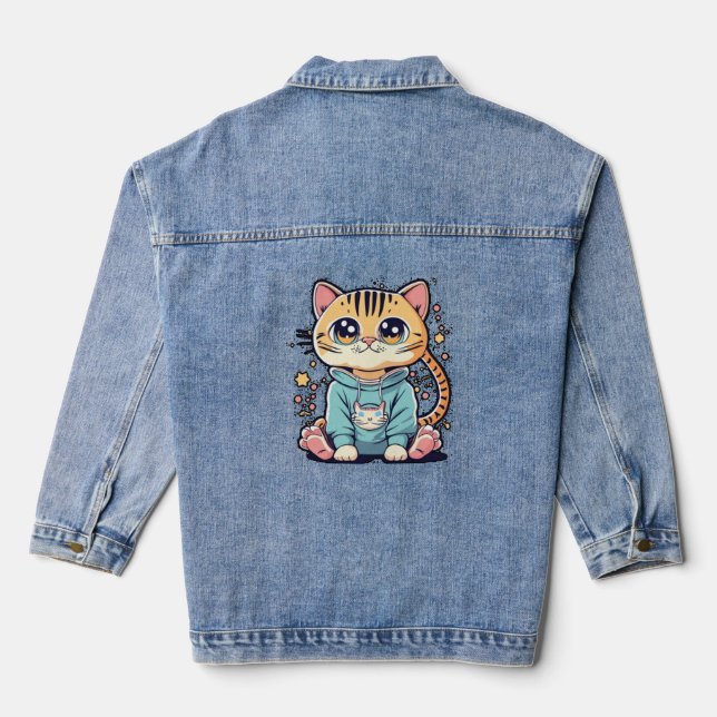 Cute funny small kitten Chiffon Top Denim Jacket (Back)