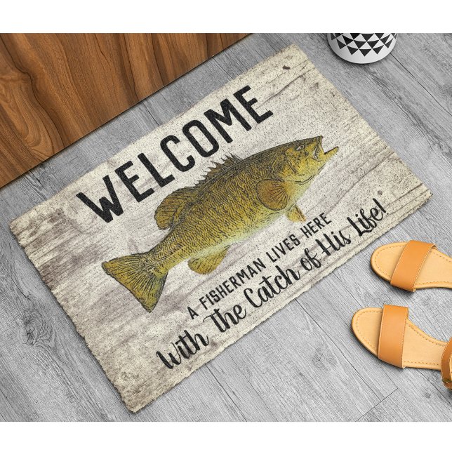 Cute Funny Smallmouth Bass Welcome Fishing Quote Doormat (Creator Uploaded)