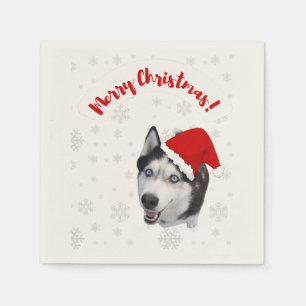 Cute funny smiling Husky in Santa Claus red hat Napkin