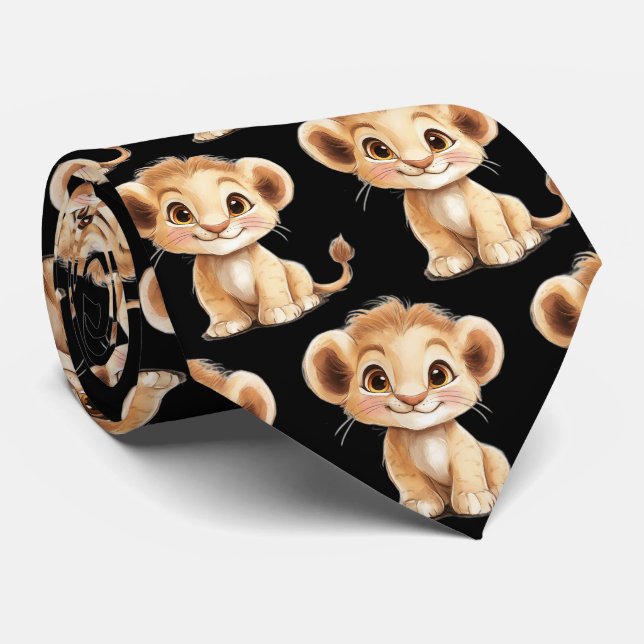 Cute Funny Smiling Lion Cub Black Neck Tie (Rolled)