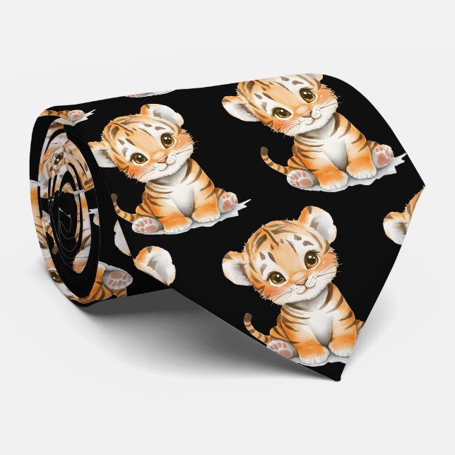 Cute Funny Smiling Tiger Black Neck Tie (Rolled)
