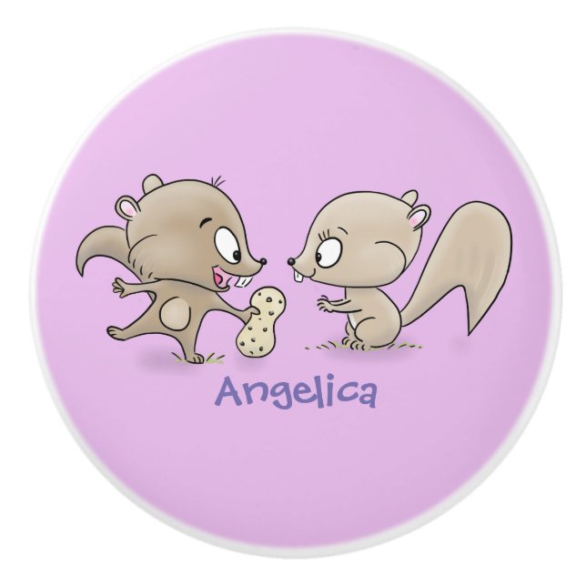 Cute funny squirrels cartoon illustration ceramic knob (Front)