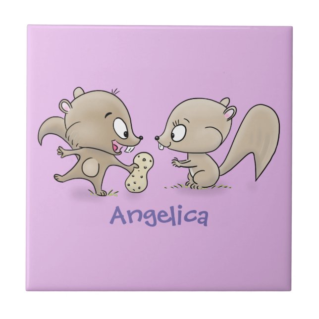 Cute funny squirrels cartoon illustration ceramic tile (Front)