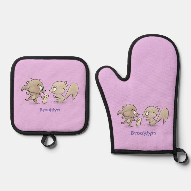 Cute funny squirrels cartoon illustration oven mitt & pot holder set (Front)
