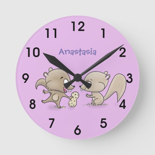 Cute funny squirrels cartoon illustration round clock (Front)
