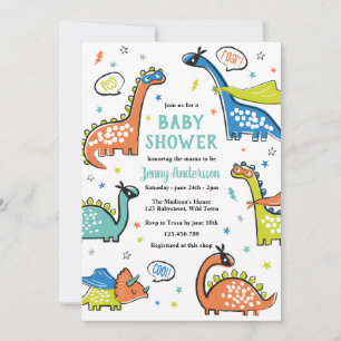 Cute funny superhero dinosaurs on white invitation