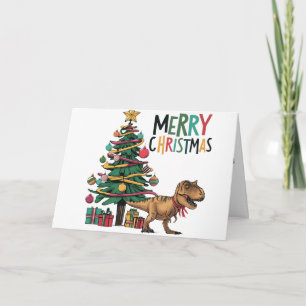 Cute Funny T-rex Dinosaur and Christmas Tree Card