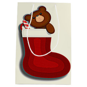 Cute Funny Teddybear in Stocking Christmas Medium Gift Bag