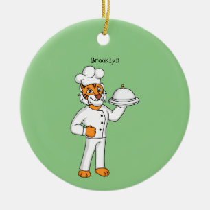 Cute funny tiger chef cartoon illustration  ceramic ornament