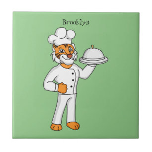 Cute funny tiger chef cartoon illustration  ceramic tile