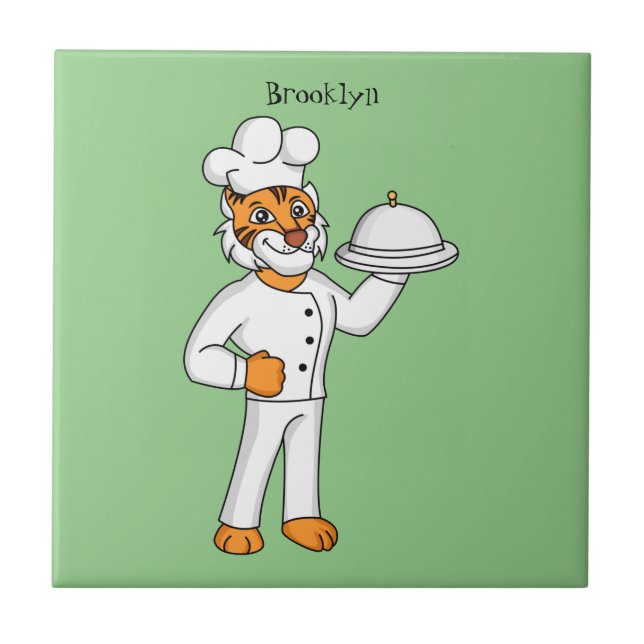 Cute funny tiger chef cartoon illustration  ceramic tile (Front)