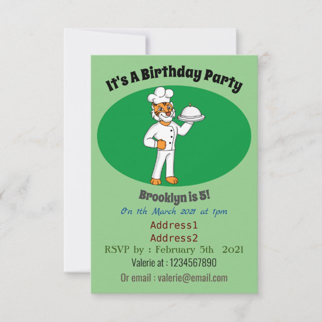 Cute funny tiger chef cartoon illustration  invitation (Front)