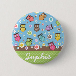 Cute funny trendy owls and flowers pattern 6 cm round badge