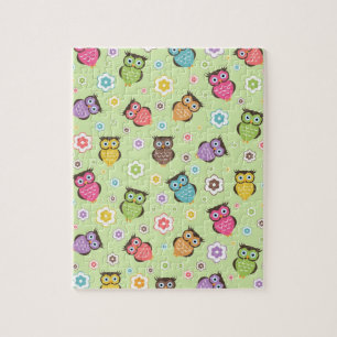 Cute funny trendy owls and flowers pattern jigsaw puzzle
