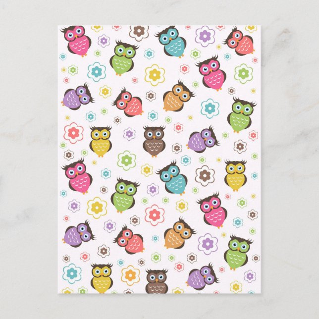 Cute funny trendy owls and flowers pattern postcard (Front)