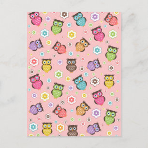 Cute funny trendy owls and flowers pattern postcard