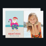 Cute Funny Tropical Beach Santa Photo Christmas Holiday Card<br><div class="desc">This adorable holiday photo card features a hand drawn tropical Santa, wearing colourful swim trunks and a bright fuchsia flamingo pool float! Other details include a sandy beach, the ocean, a blue sky, and stylish typography, reading, "Warmest Wishes." Easy to customise with your own photo and text! Send smiles this...</div>