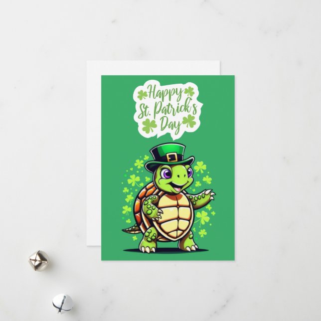 Cute Funny Turtle - Happy St Patrick's Day Card (Front/Back In Situ)