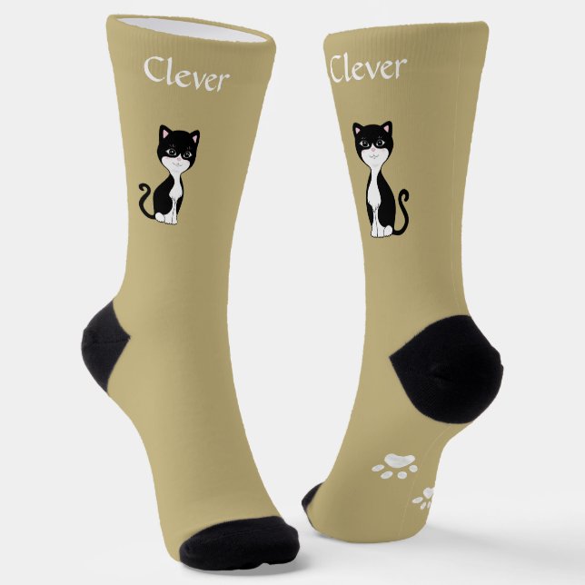 Cute Funny Tuxedo Cat & Paws on Light Beige Socks (Angled)