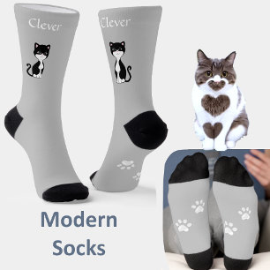 Cute Funny Tuxedo Cat & Paws on Light Grey Socks