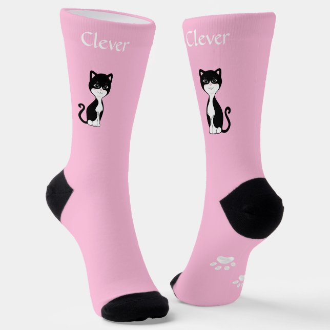 Cute Funny Tuxedo Cat & Paws on Light Pink Socks (Angled)