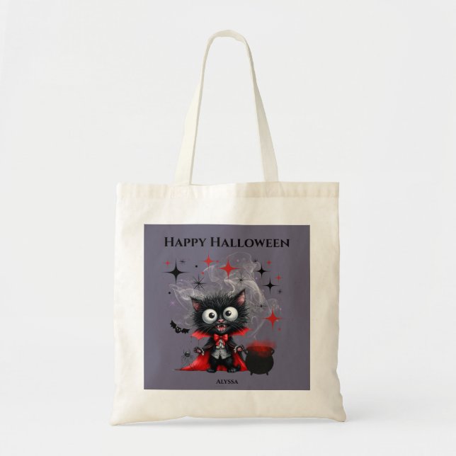 Cute Funny Vampire Kitten Halloween Trick or Treat Tote Bag (Front)
