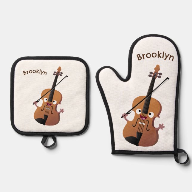 Cute funny violin musical cartoon character oven mitt & pot holder set (Front)