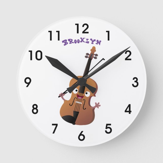 Cute funny violin musical cartoon character round clock (Front)