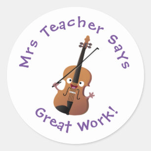Cute funny violin musical cartoon teacher award classic round sticker