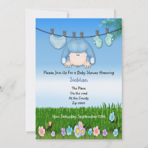 Cute Funny Washing Line Baby Boy Shower Invitation