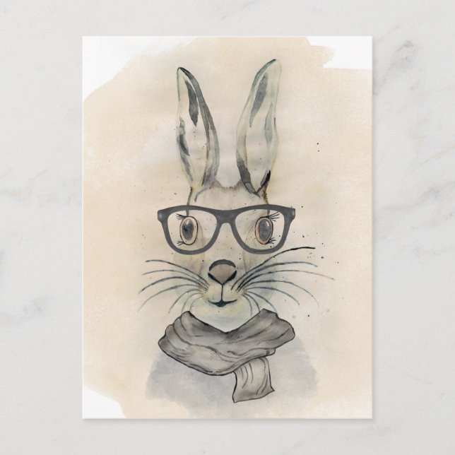 Cute funny watercolor bunny with glasses and scarf postcard (Front)