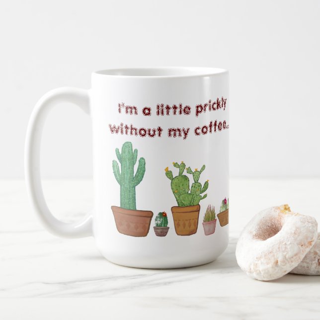 Cute Funny Watercolor Cactus Prickly Without My Coffee Mug (With Donut)