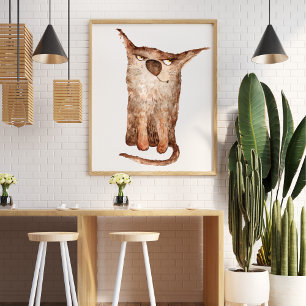 Cute funny watercolor cat illustration decorative poster