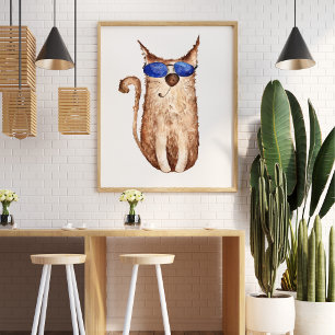 Cute funny watercolor cat illustration decorative poster