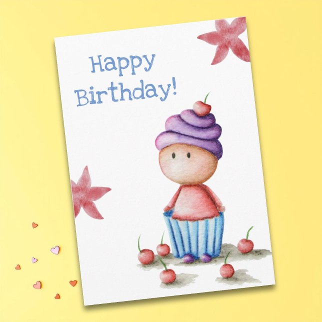 Cute Funny Watercolor Cupcake Girl Birthday Card (Creator Uploaded)
