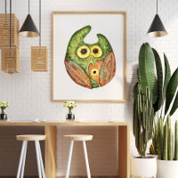 Cute funny watercolor owl green orange