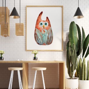 Cute funny watercolor owl green orange poster