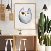 Cute funny watercolor owl grey