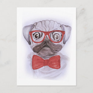 Cute funny watercolor pug with red glasses and bow postcard