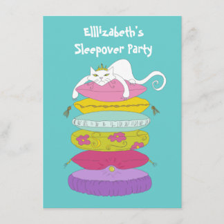 Cute funny whimsical cat and pea Sleepover Invites